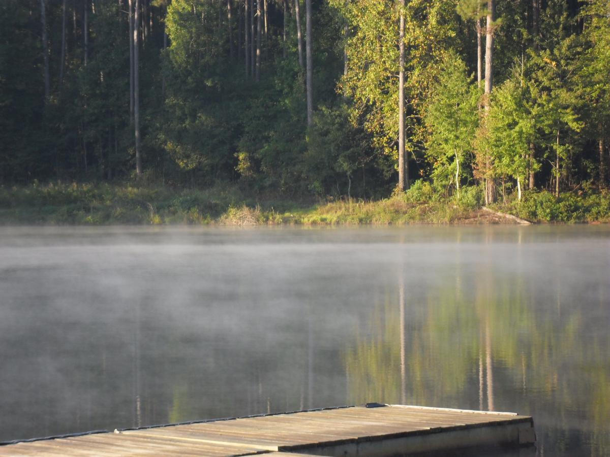 A tranquil lake scene early in the morning, with a wooden dock extending out over the water. Mist rises from the lake's surface, creating a serene atmosphere. Lush green trees line the shore, reflecting gently in the calm water. The sunlight filters through the trees, casting soft shadows and highlighting the peacefulness of the natural setting. Fort Yargo State Park mountain bike trail.