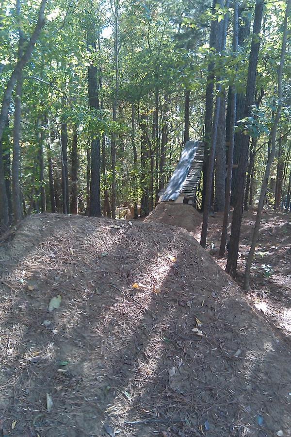 A dirt ramp leading to a wooden jump platform surrounded by trees in a forest setting. Sunlight filters through the leaves, casting shadows on the ground. Research and Technology Park (ERC) mountain bike trail.