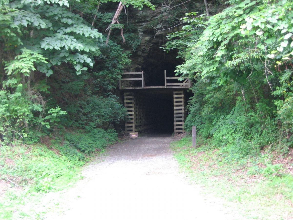 A narrow pathway leading to a large, dark cave entrance, framed by lush green foliage and trees. A wooden platform with a railing is positioned at the mouth of the cave, creating an inviting but mysterious atmosphere. The surrounding area features a mix of gravel and vegetation, enhancing the natural setting. Greenbrier River Trail mountain bike trail.