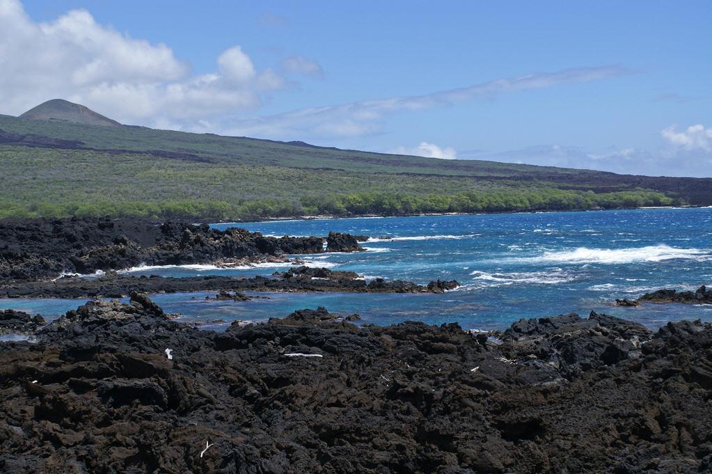A rocky coastline with black volcanic rocks and turquoise waves, set against a backdrop of lush green hills and a clear blue sky with scattered clouds. La Perouse Bay mountain bike trail.