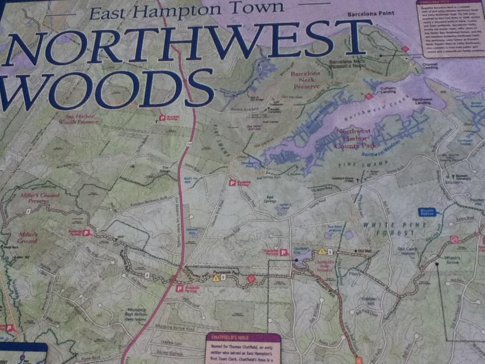 Map of Northwest Woods in East Hampton Town, displaying trails, landmarks, and natural features. Notable areas include Barcelona Point, Miller