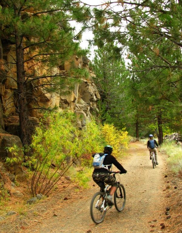 Two mountain bikers ride along a dirt trail surrounded by tall trees and rocky formations. One biker, wearing a black jacket and camouflage shorts, is in the foreground, while another biker in a light blue shirt and backpack follows behind. The path is lined with greenery, enhancing the natural outdoor setting. Bizz Johnson Trail mountain bike trail.