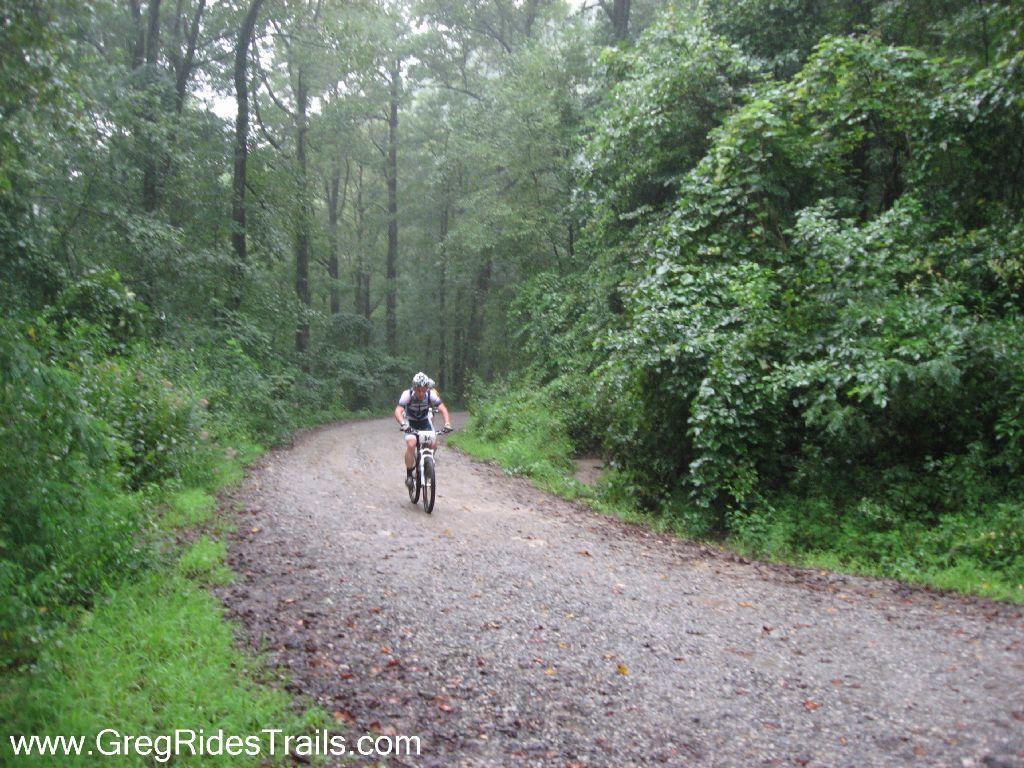 A cyclist rides along a gravel path in a lush, green forest during rainy weather. Trees with dense foliage surround the trail, creating a serene and natural atmosphere. Winding Stairs Loop mountain bike trail.