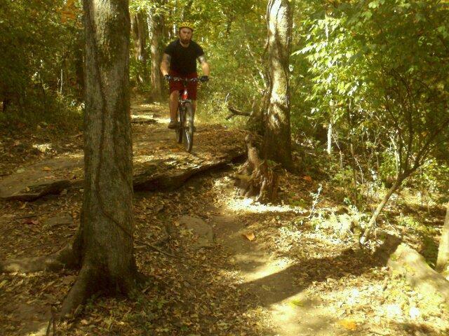 A person riding a mountain bike along a narrow dirt trail through a forested area with trees and fallen leaves. Lock 4 mountain bike trail.