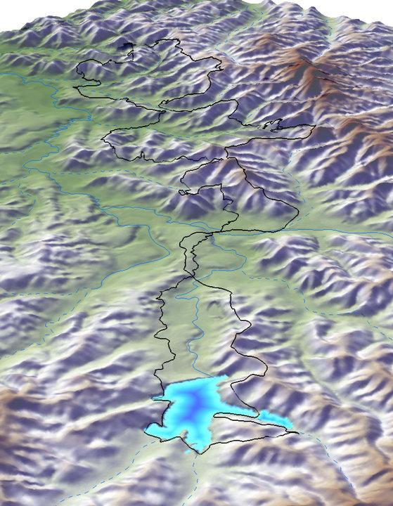 A 3D topographic map showing a mountainous landscape with varying elevations, featuring highlighted water bodies in blue, and blue rivers meandering through the terrain. Noxubee Crest mountain bike trail.