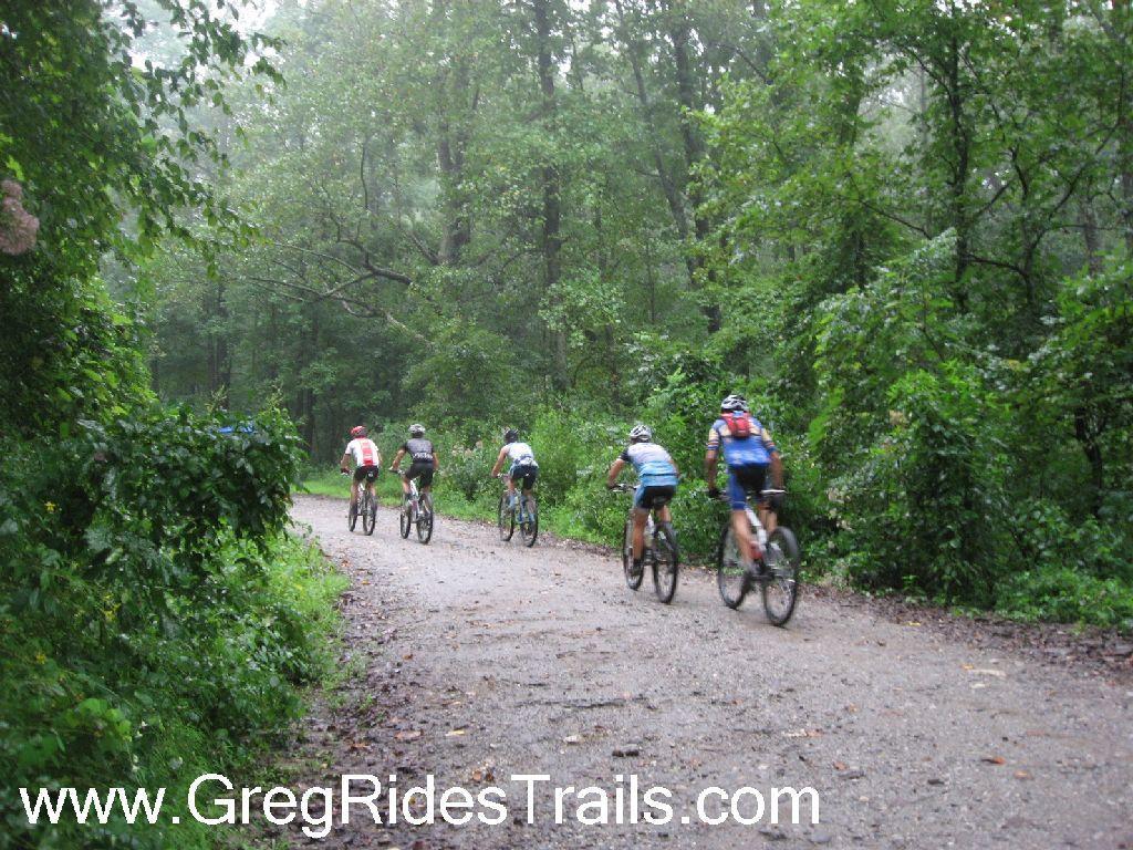 A group of six mountain bikers riding on a muddy, gravel path through a lush, green forest during a rainy day. The scene captures the cyclists from behind as they navigate the trail surrounded by dense foliage and trees. Winding Stairs Loop mountain bike trail.