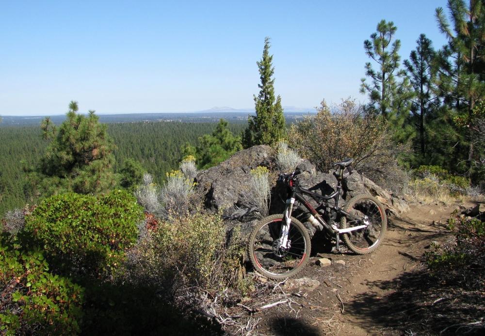A mountain bike leaning against a large rock on a dirt trail, overlooking a vast landscape of pine trees and distant mountains under a clear blue sky. Peterson Ridge Loop mountain bike trail.