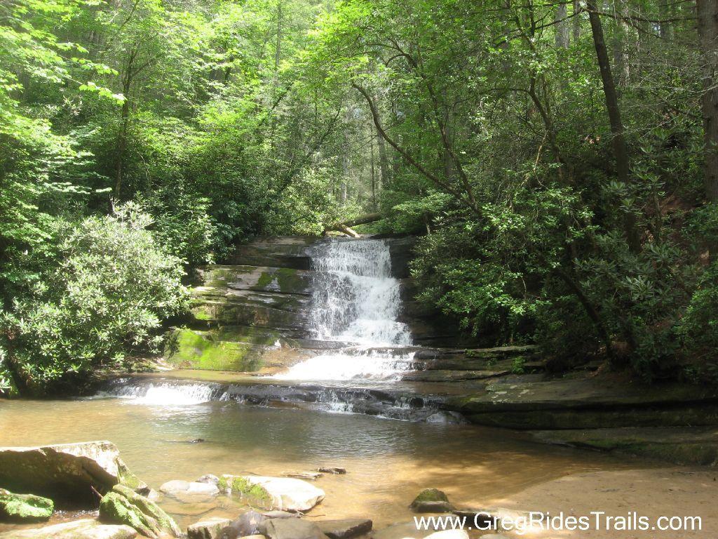 A serene forest scene featuring a cascading waterfall flowing over moss-covered rocks into a shallow pool. Lush greenery surrounds the area, with trees and shrubs creating a tranquil natural atmosphere. Sunlight filters through the leaves, highlighting the vibrant colors of the landscape. Stonewall Falls Loop mountain bike trail.