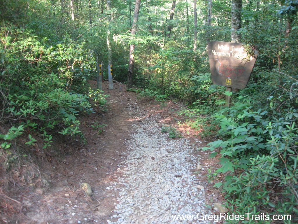 A narrow, gravel path leading into a dense forest, flanked by lush green vegetation. A sign labeled "White Twists Mountain Bike Trail" is visible on the right, indicating the trail's name and marking the entrance to the biking route. White Twister mountain bike trail.