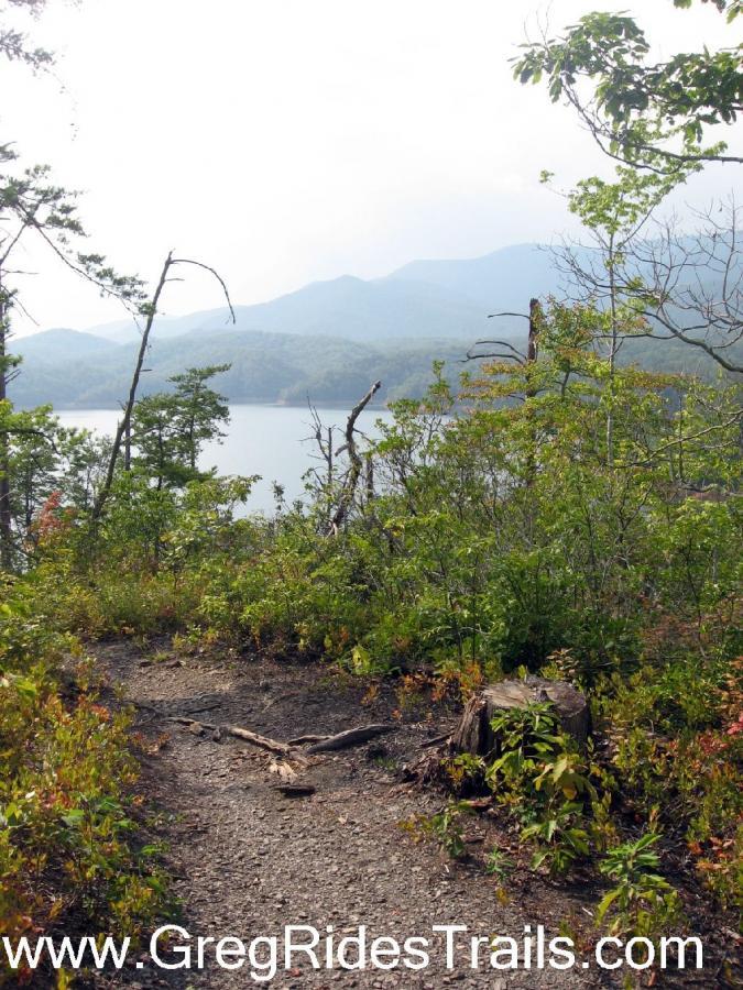 A winding dirt hiking trail surrounded by lush greenery, leading towards a serene lake and distant mountains under a hazy sky. Tsali Recreation Area mountain bike trail.