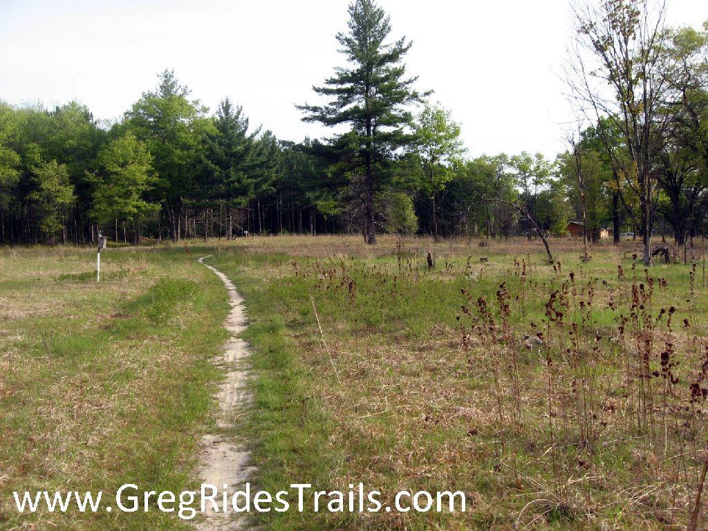 A winding dirt path through an open field bordered by trees, with greenery and sparse vegetation on either side. A signpost is visible along the trail, indicating direction or information about the area. The scene is tranquil and inviting, suggesting a natural outdoor setting, ideal for hiking or exploring. Snodgrass mountain bike trail.