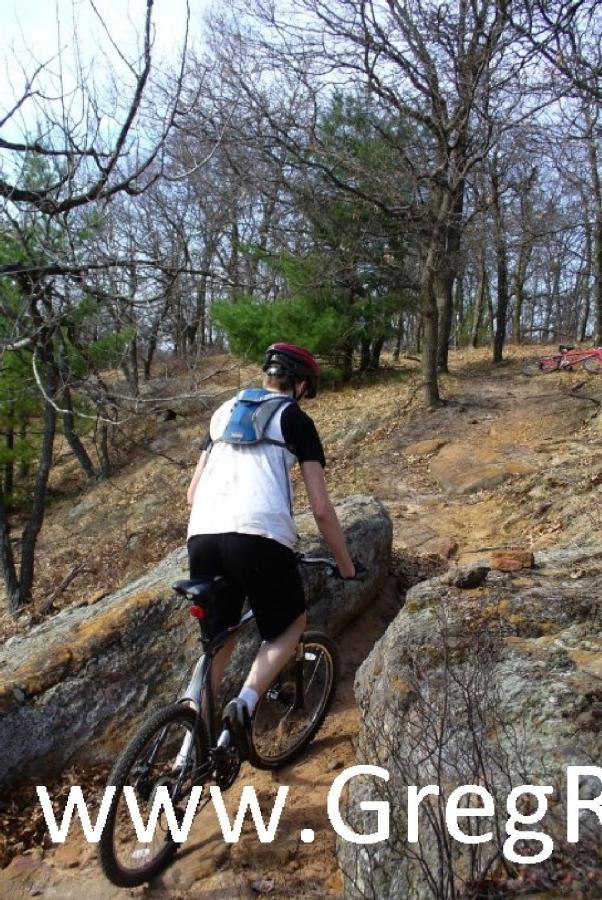 A person riding a mountain bike along a rocky trail in a forested area, surrounded by trees and dry leaves. The cyclist is wearing a helmet and a backpack and is navigating uphill. Levis Mounds mountain bike trail.