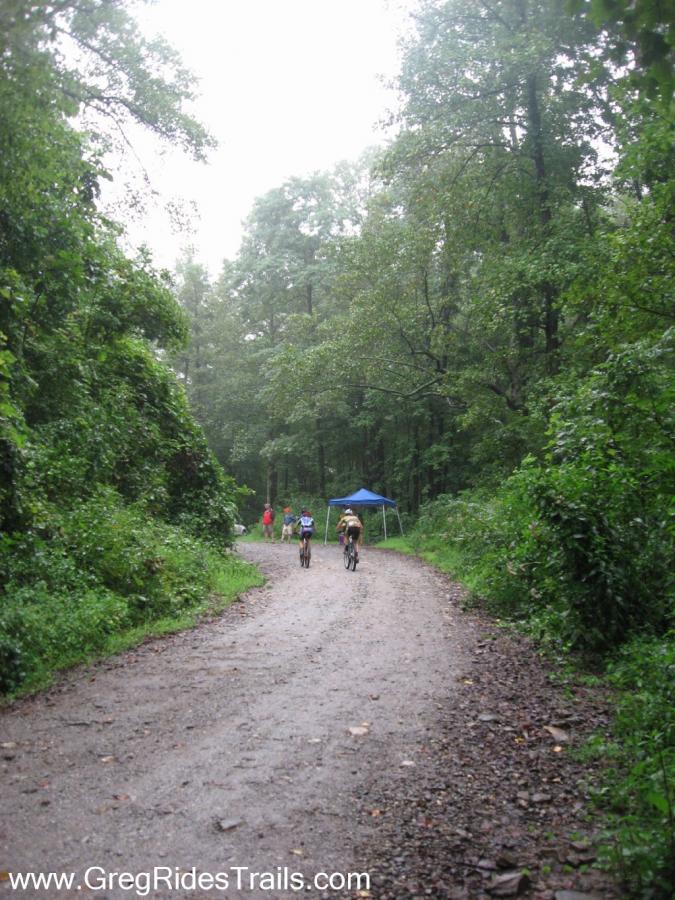 Two cyclists riding on a gravel trail surrounded by lush green trees, with a blue canopy visible in the background. The scene captures a rainy atmosphere, giving a sense of adventure in nature. Winding Stairs Loop mountain bike trail.