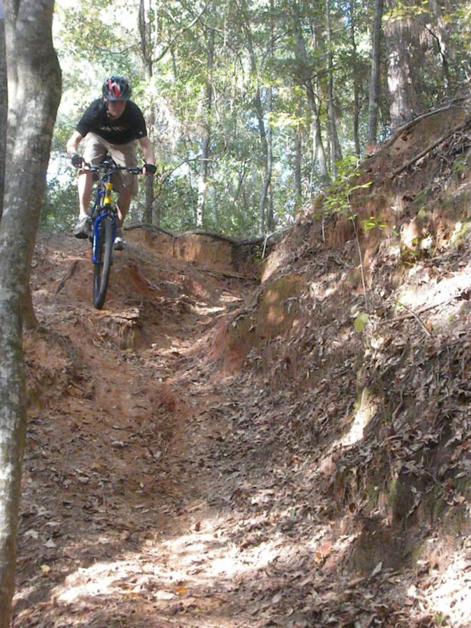 A mountain biker in mid-air, navigating a dirt trail in a wooded area. The path is surrounded by trees and covered with fallen leaves, indicating a natural outdoor setting. The cyclist is wearing a helmet and a black shirt, focusing intently on the trail ahead. Fort Rucker mountain bike trail.