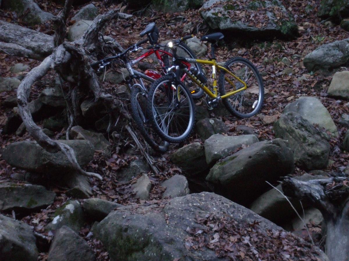 Alt text: Two mountain bikes, one red and one yellow, resting against a rocky landscape in a forested area with scattered leaves and fallen branches. Laural Lake To Cumberland Falls (sheltowee Trace) mountain bike trail.