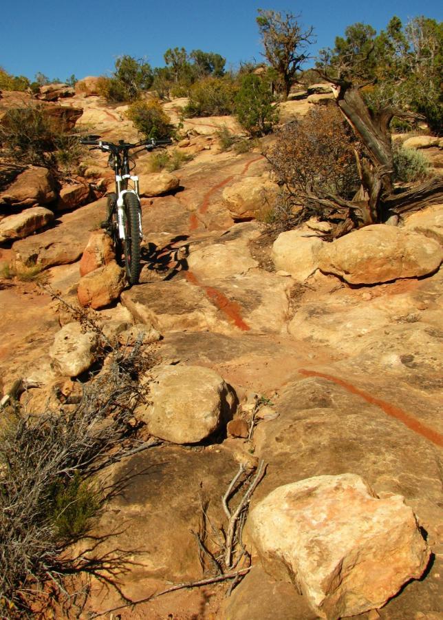 A mountain bike positioned on a rocky trail surrounded by sparse vegetation and blue sky. The path is lined with various sizes of stones and boulders, indicating a rugged terrain suitable for off-road biking. Moab Brand Trails mountain bike trail.