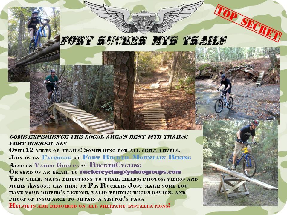 Image featuring a promotional flyer for Fort Rucker MTB Trails, showcasing mountain biking activities. The flyer includes four images of cyclists navigating wooden bridges and trails in a wooded environment, along with text highlighting the trails available at Fort Rucker, Alabama. It emphasizes diverse skill levels, safety requirements like helmet use, and provides contact information for more details. The design includes camouflage elements and a "Top Secret" stamp. Fort Rucker mountain bike trail.