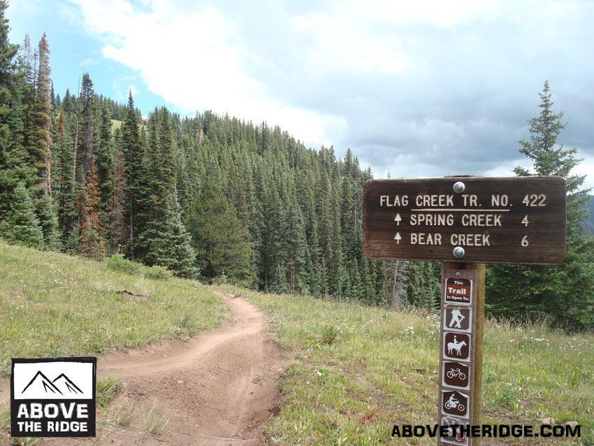 A dirt trail leads through a grassy area surrounded by tall evergreen trees, with a wooden trail sign indicating directions to Flag Creek Trail No. 422, Spring Creek (4 miles) and Bear Creek (6 miles). The sky is partly cloudy, adding to the outdoor ambiance. The image features a logo in the bottom left corner that reads "Above the Ridge." Reno / Flag / Bear / Deadman Loop mountain bike trail.