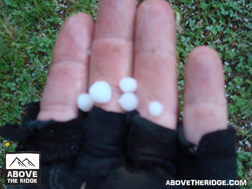 A person's hand, wearing a black fingerless glove, is holding several small white hailstones. The background features grassy ground with scattered small white remnants, suggesting a recent hailstorm. Reno / Flag / Bear / Deadman Loop mountain bike trail.