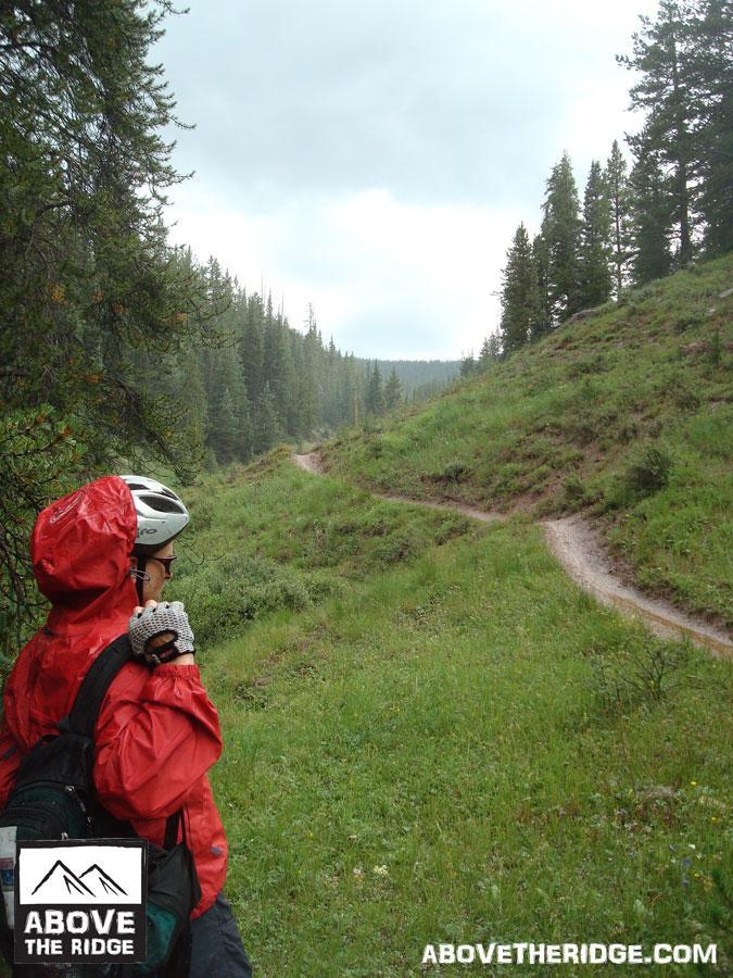 A person wearing a red rain jacket and helmet stands on a grassy trail surrounded by pine trees, looking down a winding path that leads into a foggy landscape. The sky is overcast, indicating possible rain. Reno / Flag / Bear / Deadman Loop mountain bike trail.