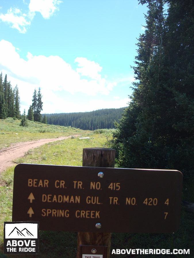 A brown trail sign indicating direction and distances to Bear Creek Trail No. 415, Deadman Gul Trail No. 420 (4 miles), and Spring Creek (7 miles), with a scenic background of green meadows and pine trees under a clear blue sky. Reno / Flag / Bear / Deadman Loop mountain bike trail.