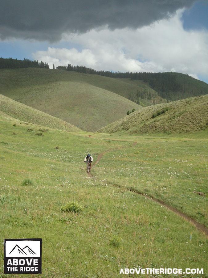 A cyclist riding along a dirt path through a lush green valley, surrounded by rolling hills and scattered wildflowers, under a partly cloudy sky. The landscape features vibrant greenery and a mountainous backdrop, creating a scenic outdoor atmosphere. Reno / Flag / Bear / Deadman Loop mountain bike trail.