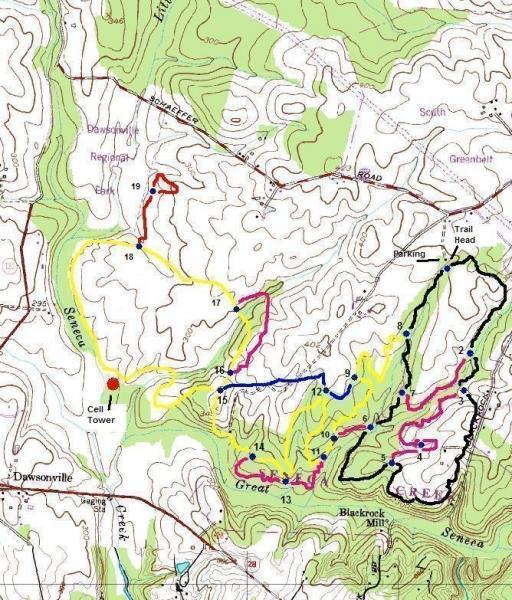 A topographic map displaying hiking trails with various colored lines indicating different routes. Key features include a cell tower, a trailhead, and parking areas, along with contour lines representing elevation changes. The surrounding locations include Dawsonville and Blackrock Mills. Schaeffer Farms mountain bike trail.