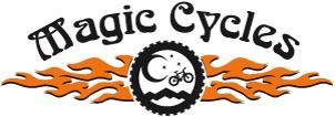 Logo for "Magic Cycles," featuring the brand name in bold, stylized font above a design that includes a bicycle silhouette within a circular shape, accompanied by mountain and moon imagery, all set against an orange flame background.