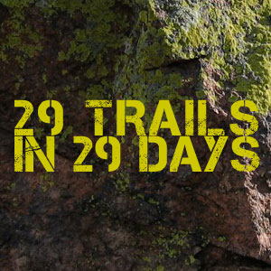 Text graphic featuring the phrase "29 Trails in 29 Days" over a textured rock background with moss.