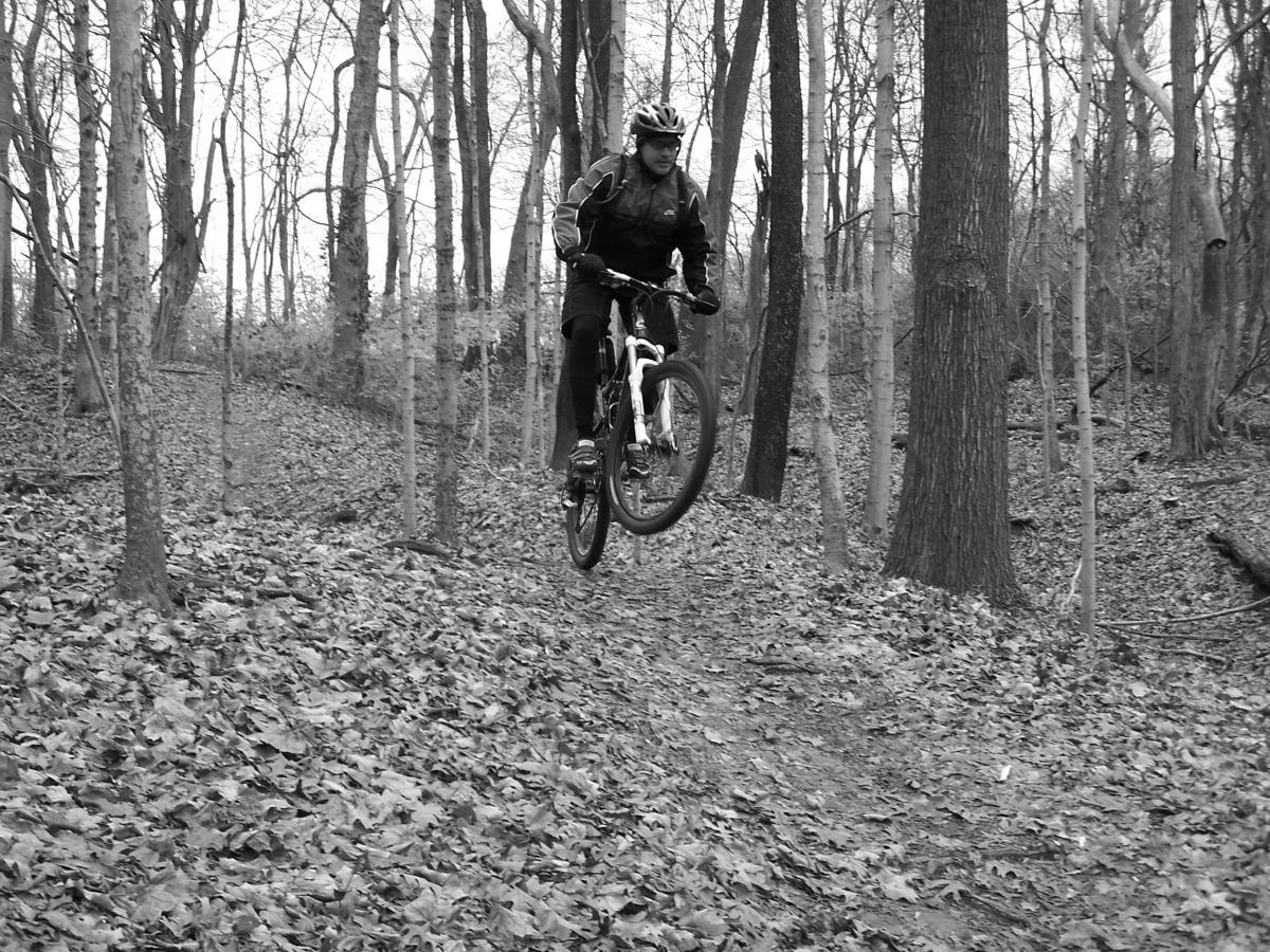 A mountain biker executing a jump on a wooded trail, surrounded by trees and fallen leaves, captured in black and white. Lock 4 mountain bike trail.