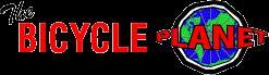 Logo for "The Bicycle Planet," featuring bold red text and a colorful globe design. The words "BICYCLE" and "PLANET" are prominently displayed, with the globe icon representing a global theme related to cycling.