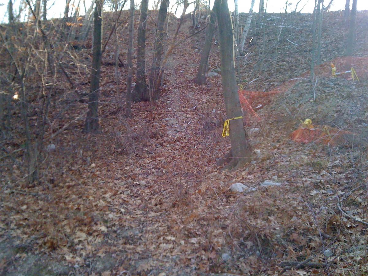 A forested area with a dirt path leading through a landscape covered in fallen leaves. There are trees on either side of the path, and some sections are marked off with yellow caution tape and orange fencing. The ground appears uneven and hilly, indicating a natural environment. Cutler Park mountain bike trail.