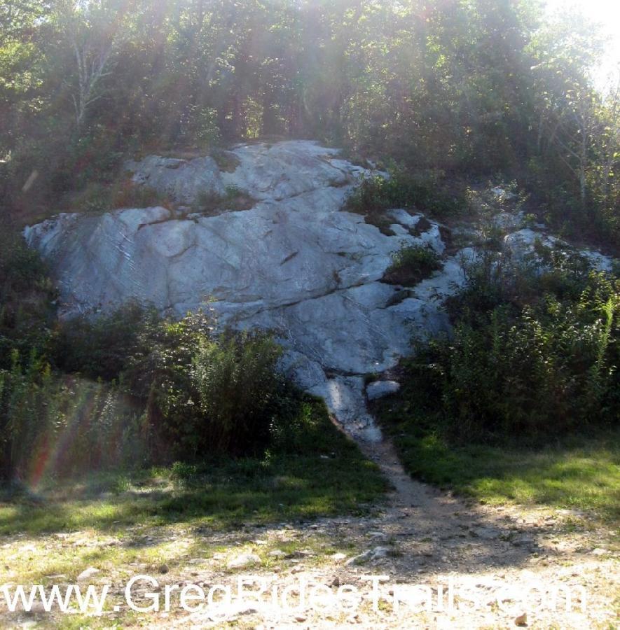 A large, smooth rock formation surrounded by greenery, with a dirt path leading towards it. The scene is illuminated by sunlight filtering through the trees, creating a natural outdoor setting. Sugar Mountain Resort mountain bike trail.