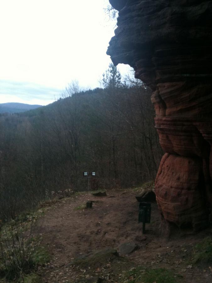 A rugged rock formation stands prominently on the left side of the image, with layered, reddish-brown textures. In the background, a forested area stretches into the distance, showing a mix of trees and rolling hills under a cloudy sky. There are trail signs visible in the middle ground, indicating a hiking path. The foreground features patches of dirt and scattered rocks, suggesting a natural hiking area. Rodalben F Trail mountain bike trail.