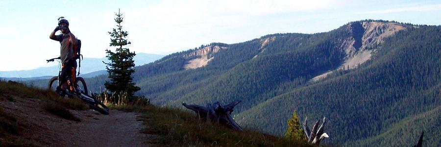 A mountain biker standing beside their bike on a trail in a scenic mountainous landscape, with rolling hills covered in trees under a clear blue sky. The biker is looking out at the view, possibly taking a break or enjoying the scenery. Monarch Crest Trail mountain bike trail.