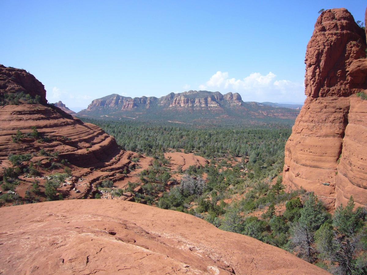 A panoramic view of rugged red rock formations and layered cliffs, surrounded by green pine trees under a clear blue sky. The landscape features a valley leading to distant mountains, showcasing the natural beauty of the Sedona area. Bell Rock Trailway mountain bike trail.