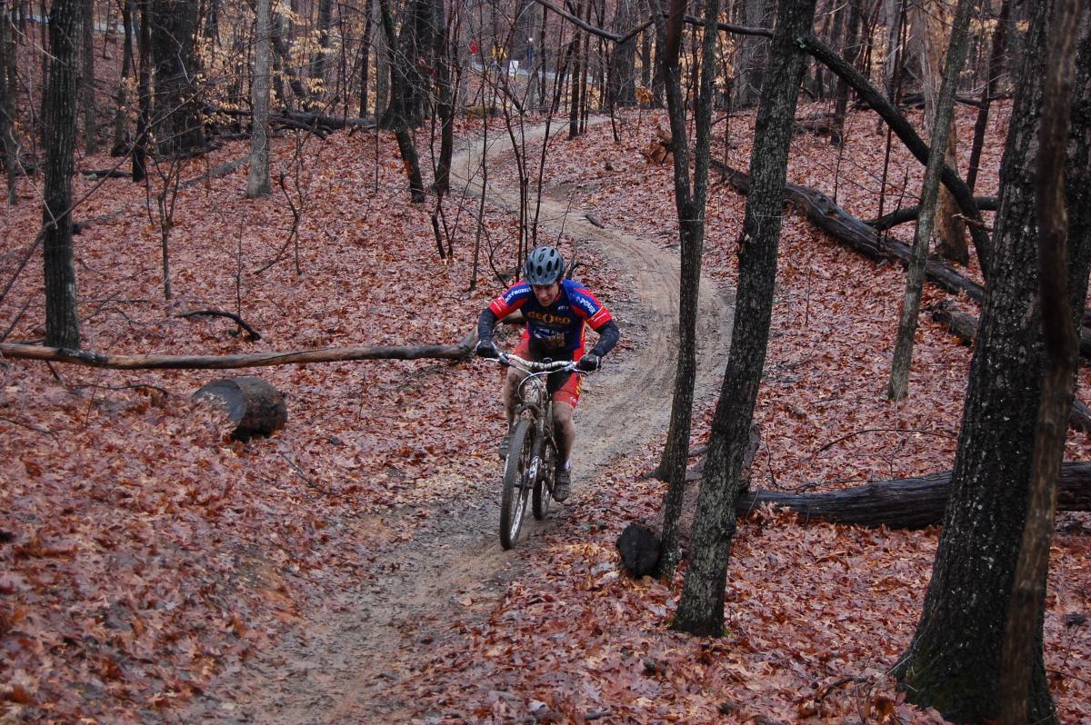 A mountain biker dressed in a red and blue jersey rides along a winding dirt trail surrounded by trees, with fallen leaves covering the ground. The scene depicts a forested area on a cloudy day, showcasing the biker navigating the terrain. Country Park mountain bike trail.