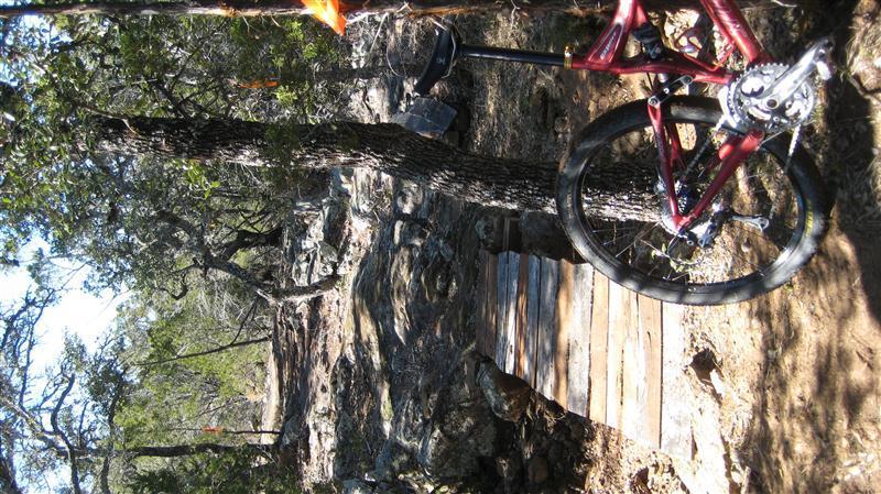 A mountain bike leaning against a tree near a wooden bridge, surrounded by rocky terrain and dense vegetation. The scene captures a natural outdoor setting, ideal for biking or hiking adventures. Reveille Peak Ranch mountain bike trail.