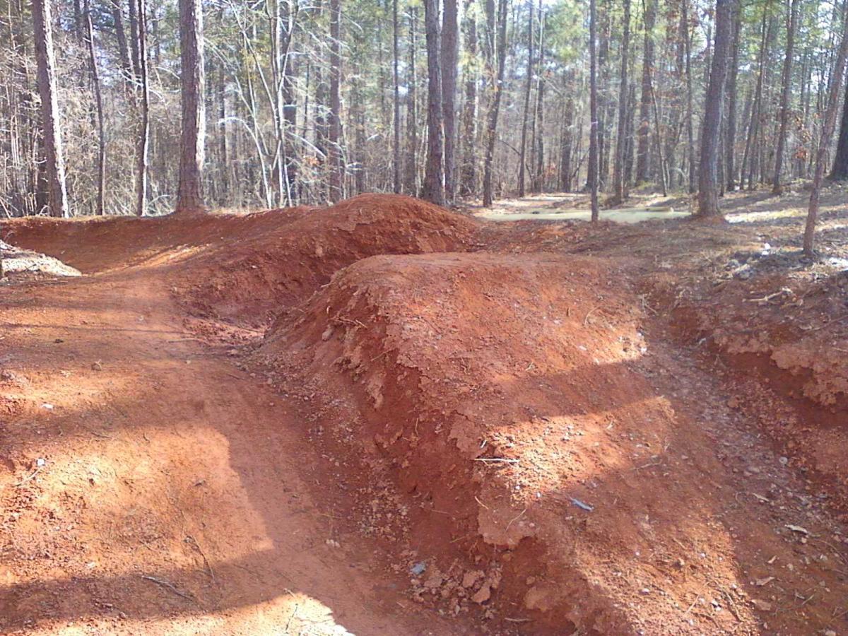 A dirt biking or mountain biking trail featuring dirt mounds and jumps, surrounded by trees in a wooded area. The path appears to be well-used, with a rich, reddish-brown soil and natural vegetation in the background. Blankets Creek mountain bike trail.