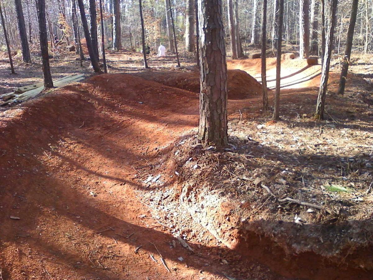 A dirt bike trail winding through a wooded area, featuring two discernible dirt jumps. The trail's surface is reddish-brown and appears well-maintained, surrounded by trees and underbrush. Sunlight casts shadows across the path, indicating a clear day. Blankets Creek mountain bike trail.
