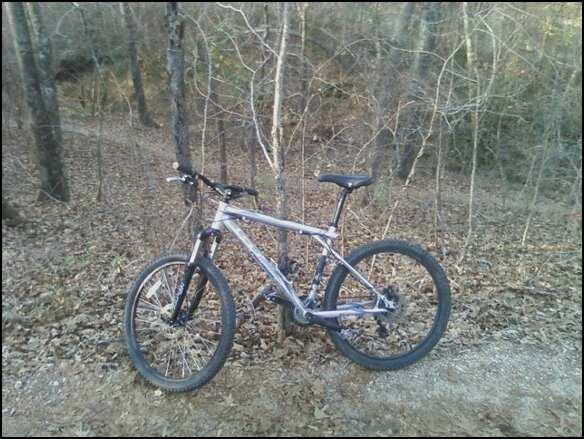 A silver mountain bike parked on a dirt path in a wooded area, surrounded by bare trees and fallen leaves. L.H. Thomson Trails mountain bike trail.
