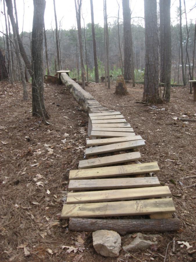 A wooden pathway made of planks extends through a forest of tall trees, surrounded by leaf-covered ground and scattered rocks. The path follows the natural contour of the terrain, leading deeper into the wooded area. Big Creek mountain bike trail.