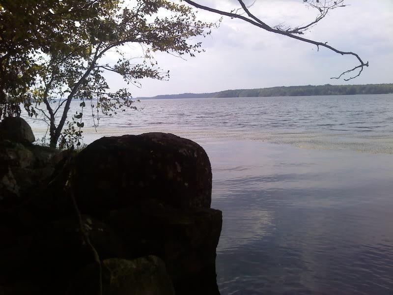 A calm lake scene featuring a large rock in the foreground, with trees and foliage partially framing the left side of the image. The water reflects a cloudy sky, and a distant shoreline is visible in the background. Powerline Trails mountain bike trail.