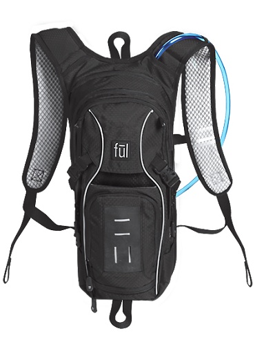 A black hydration backpack featuring adjustable shoulder straps, mesh panels for breathability, and a front pocket. A blue hydration tube is attached, indicating its use for carrying water while on the go.