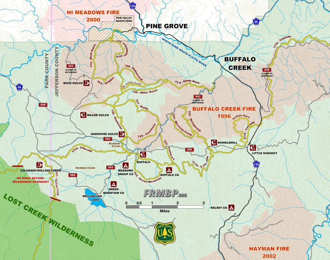 Map showing the area impacted by several wildfires, including the Hi Meadows Fire in 2000 and the Buffalo Creek Fire in 1996, along with trails, roads, and wilderness boundaries in Park and Jefferson Counties, Colorado. Buffalo Creek mountain bike trail.