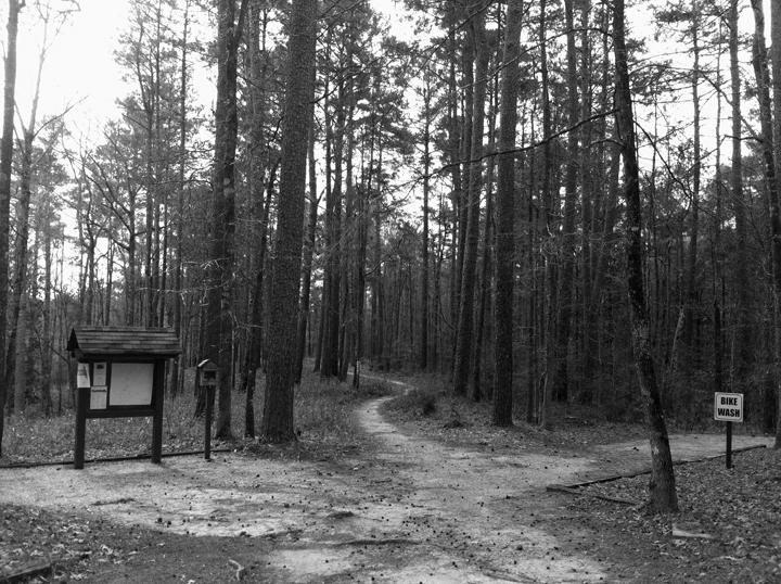A black-and-white photograph of a wooded area featuring a fork in a dirt path. On the left, there is a wooden information kiosk with a roof and a sign, while to the right, there is a sign indicating "BIKE WASH." Tall trees surround the scene, creating a tranquil forest atmosphere. Clear Springs Rec. Area mountain bike trail.