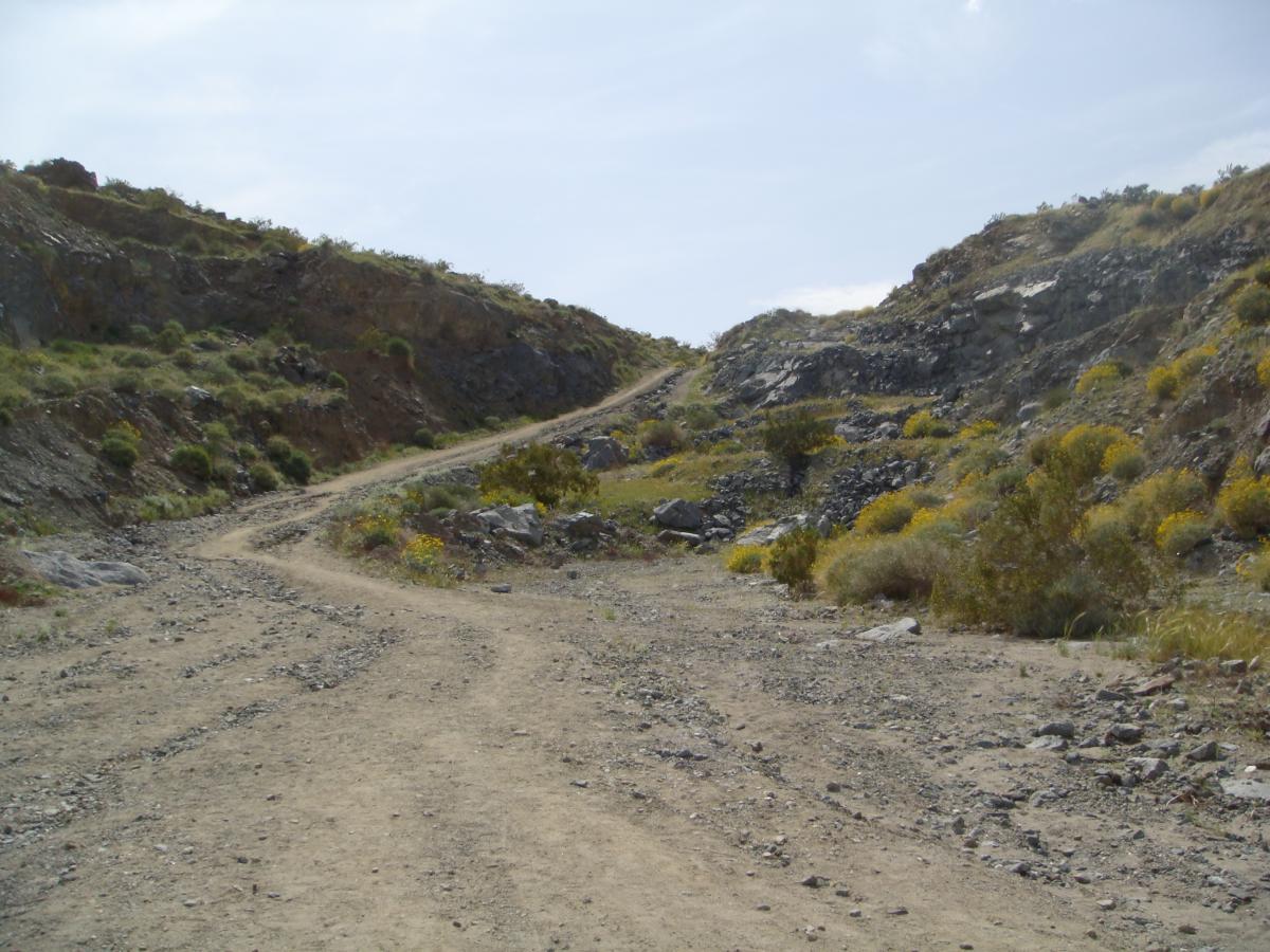 A rocky dirt path winding through a hilly landscape, surrounded by sparse vegetation and scattered boulders. The sky is partially cloudy, and the terrain appears rugged and natural. The Goat Trails mountain bike trail.