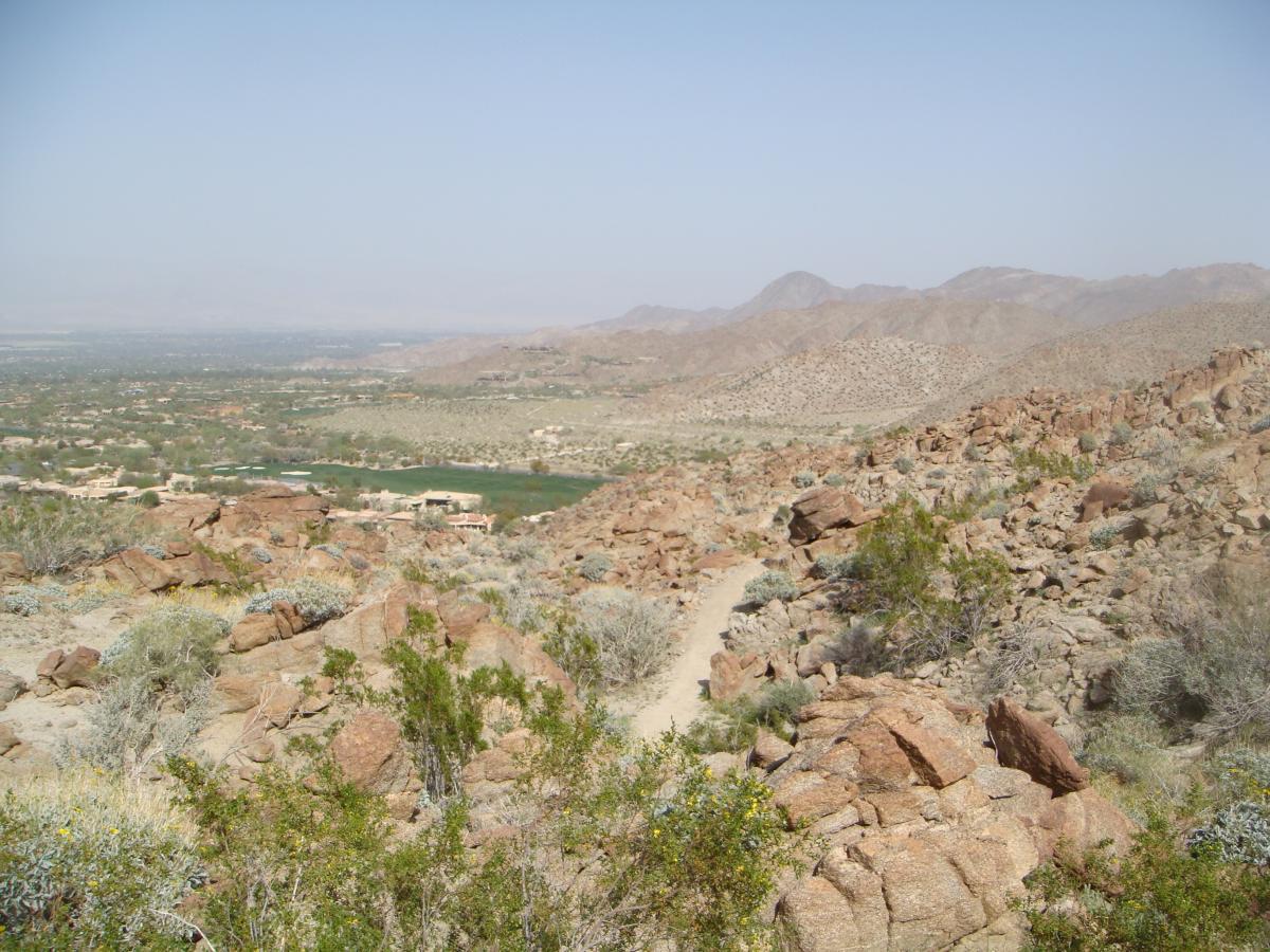 A rocky landscape viewed from a high vantage point, featuring scattered vegetation and a winding dirt path. In the distance, green patches and structures are visible, surrounded by rolling hills under a clear sky. The scene captures the rugged beauty of a desert environment. Art Smith Trail mountain bike trail.