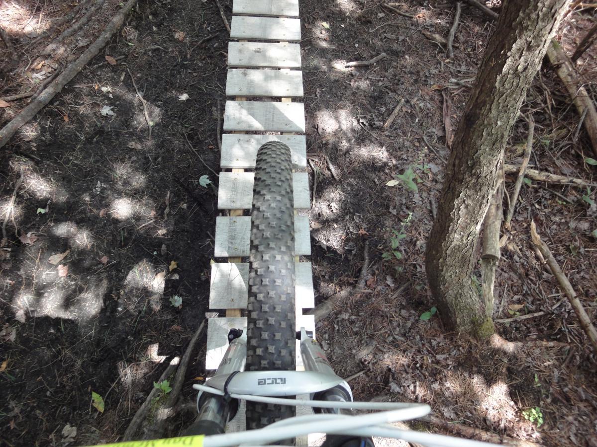 A view from above showing a mountain bike tire resting on a narrow wooden plank bridge, suspended above dirt and foliage in a wooded area. The surrounding landscape features trees, branches, and scattered leaves. Kingdom Trails mountain bike trail.