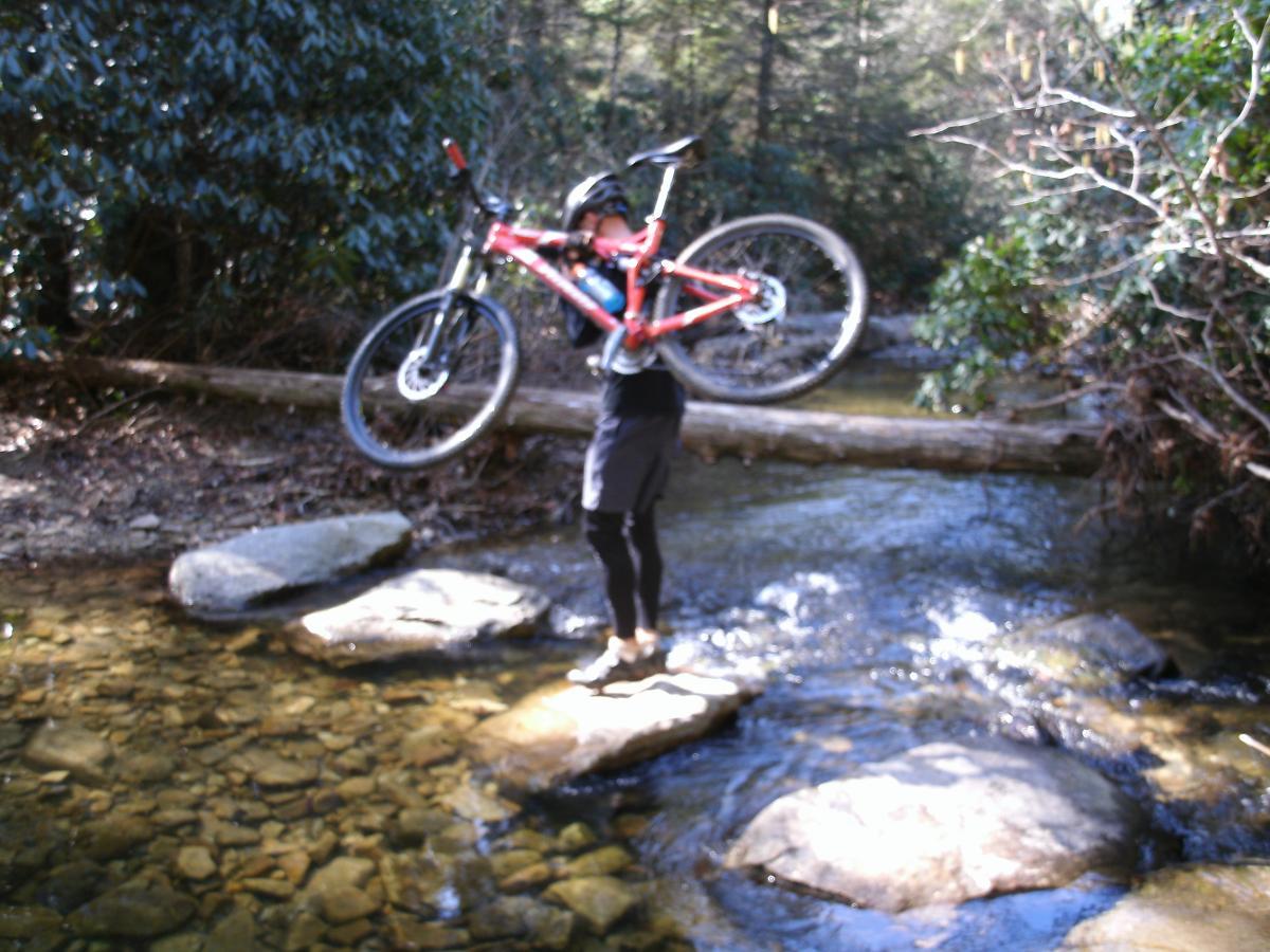 A person wearing a helmet and riding gear is holding a mountain bike above their head while standing on a rock in a shallow creek. Surrounding the scene are trees and lush greenery, with a fallen log visible in the background. DuPont State Recreational Forest mountain bike trail.